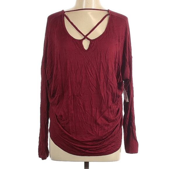 Francesca’s Burgundy Long Sleeve Draped Front Keyhole Back Blouse Womens L Fall - Picture 2 of 8